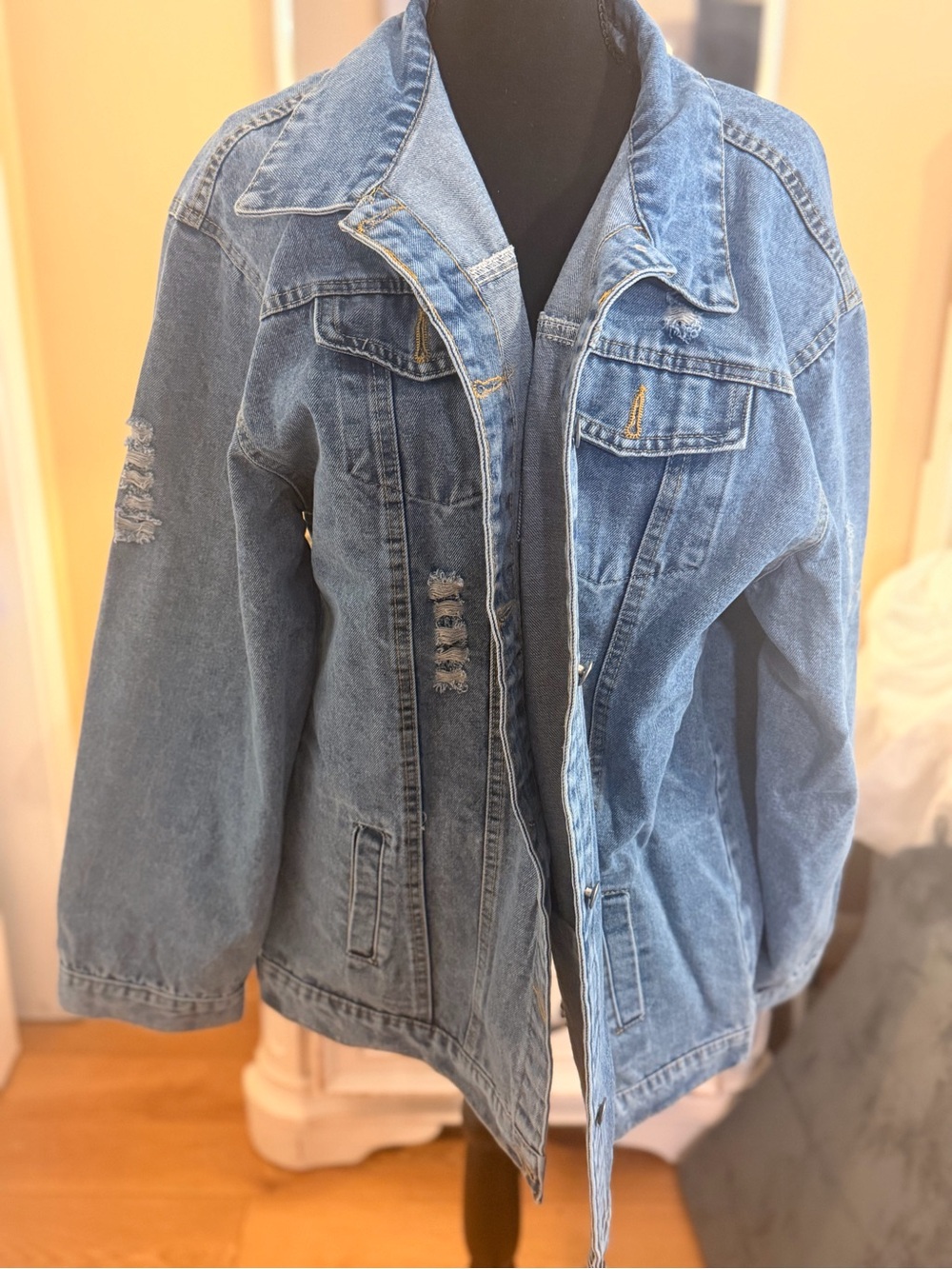 Light Blue Distressed Denim Jacket - Women
